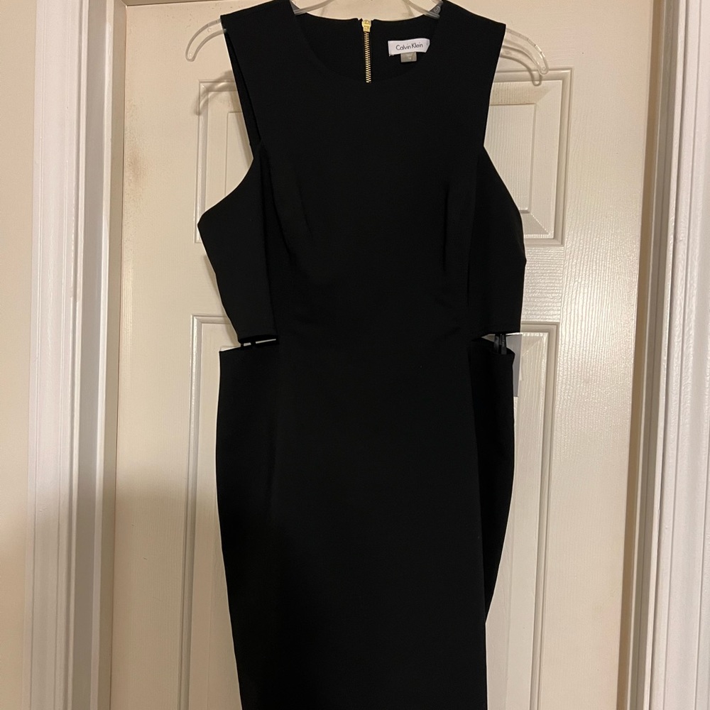 Calvin Klein dress with gold back zipper and side cutouts.